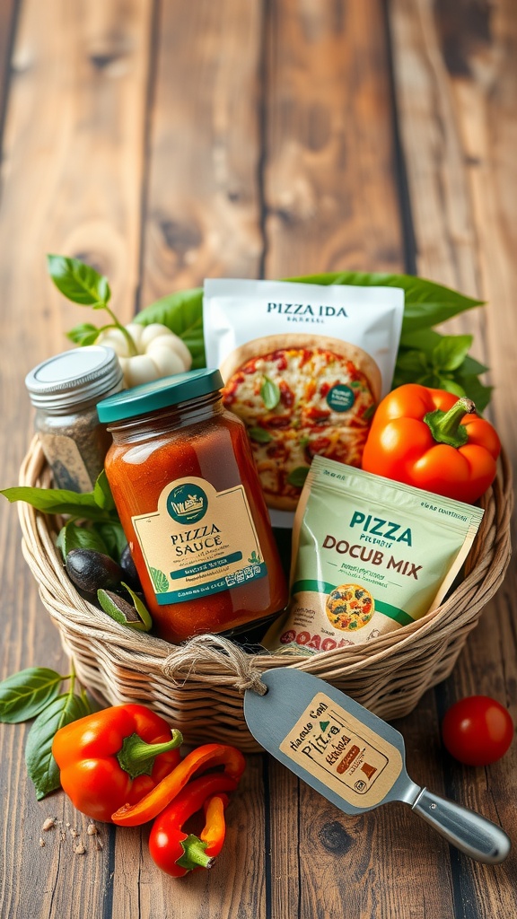 A colorful pizza gift basket with sauce, toppings, and tools on a wooden table.
